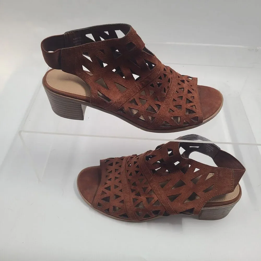 American Eagle Laser/Die Cut Brown Raquel Block Heel Open Toe Sandal Womens 8W